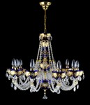 General view of a gilded blue glass chandelier with 10 bulbs
