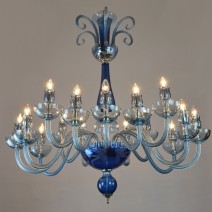 Lámparas de araña azules de cristal liso decoradas con grabados al estilo de Murano