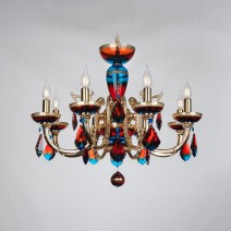Lámpara de araña de cristal de 8 brazos en tonos rojo y azul, decorada con amalgama dorada