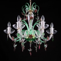 Lámpara de cristal verde con pajaritos y flores de cristal