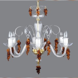 Lámpara de araña de cristal soplado de seis brazos, decorada con racimos de uvas de cristal transparente y esmerilado