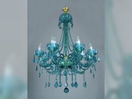 Decorative blue-green crystal chandelier with white glass tubes
