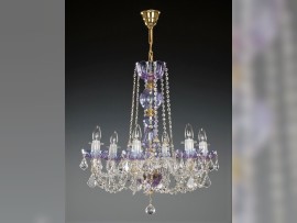 Lámpara de araña violeta de seis brazos con colgantes de cristal francés