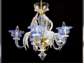 Lámpara de araña de Murano azul cielo con motivos florales - 6 bombillas