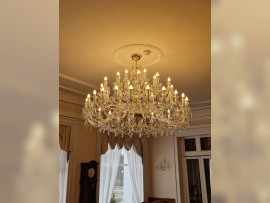 A view of the large pendant lamp from the opposite corner of the room