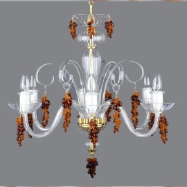Lámpara de araña de cristal soplado de seis brazos, decorada con racimos de uvas de cristal transparente y esmerilado