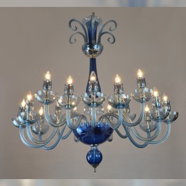 Lámparas de araña azules de cristal liso decoradas con grabados al estilo de Murano