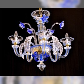 Lámparas de araña de Murano azules con motivos florales: combinación de cristal transparente y de colores