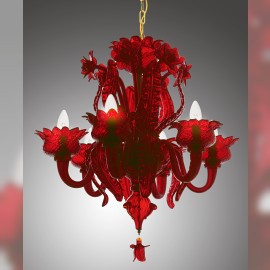Lámpara de araña de MURANO en rojo rubí «Cardo y amapolas» y pulpo en rojo rubí