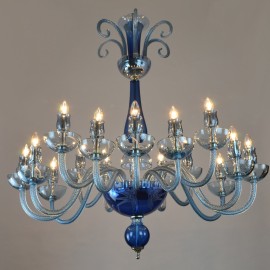Lámparas de araña azules de cristal liso decoradas con grabados al estilo de Murano