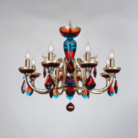Lámpara de araña de cristal de 8 brazos en tonos rojo y azul, decorada con amalgama dorada