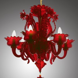 Lámpara de araña de MURANO en rojo rubí «Cardo y amapolas» y pulpo en rojo rubí