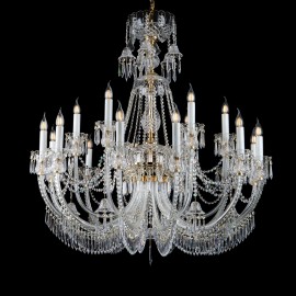 Lámpara de araña de cristal de 18 brazos con brazos de cristal decorados (campanas talladas y prismas puntiagudos)