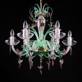 Lámpara de cristal verde con pajaritos y flores de cristal
