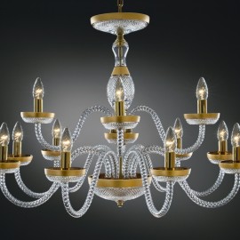 Lámpara de araña de cristal «SOPHIA» y vaso decorativo de mesa con adornos dorados mate
