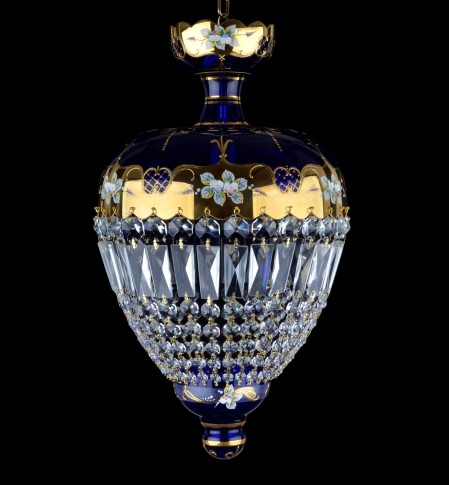 Blue basket chandelier with glass flowers & Crystal trapezoids