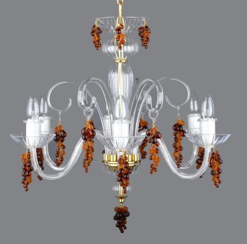 Lámpara de araña de cristal soplado de seis brazos, decorada con racimos de uvas de cristal transparente y esmerilado