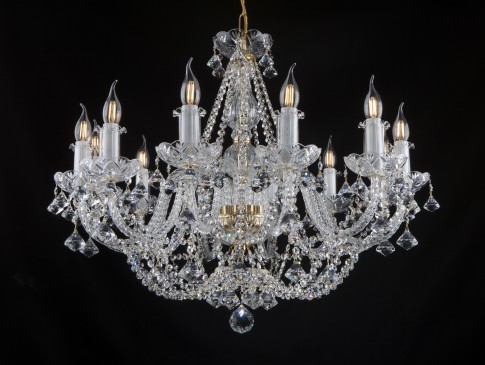 Very wide and at the same time very low crystal chandelier with cut pyramids