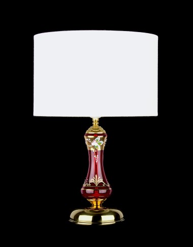 Lámpara con pantalla cilíndrica de tejido y base de cristal rubí