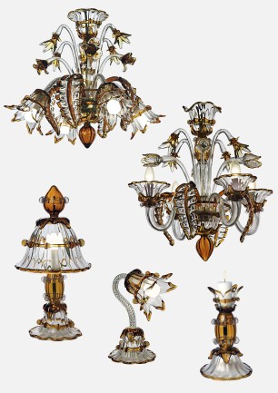 Colección de lámparas de araña de Murano fabricadas en cristal transparente con detalles en cristal ámbar