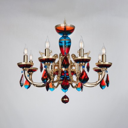 Lámpara de araña de latón con 8 brazos y cristales ROJOS Y AZULES. Colores nacionales de Rusia